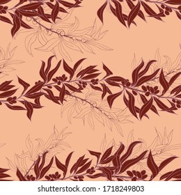 Seamless pattern of sea buckthorn branches. Design for fabric, textile, paper, packaging. The plant is suitable for food, cooking oil, cosmetic and medicinal products.  Vector graphics.