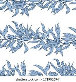Seamless pattern of sea buckthorn branches. Design for fabric, textile, paper, packaging. The plant is suitable for food, cooking oil, cosmetic and medicinal products.  Vector graphics.