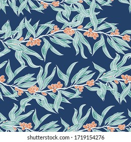Ramas de espinas marinas sin mar. Diseño para tela, textil, papel, embalaje. La planta es apta para alimentos, aceite de cocina, productos cosméticos y medicinales. Gráficos vectoriales.
