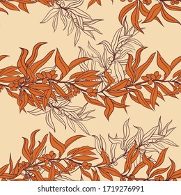 Ramas de espinas marinas sin mar. Diseño para tela, textil, papel, embalaje. La planta es apta para alimentos, aceite de cocina, productos cosméticos y medicinales. Gráficos vectoriales.
