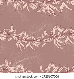 Patrón sin foco de ramas de espinas marinas. Diseño para tela, textil, papel, embalaje. La planta es apta para alimentos, aceite de cocina, productos cosméticos y medicinales.  Gráficos vectoriales.