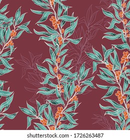 Seamless pattern of sea buckthorn branches. Design for fabric, textile, paper, packaging. The plant is suitable for food, cooking oil, cosmetic and medicinal products.  Vector graphics.