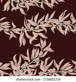 Seamless pattern of sea buckthorn branches. Design for fabric, textile, paper, packaging. The plant is suitable for food, cooking oil, cosmetic and medicinal products.  Vector graphics.