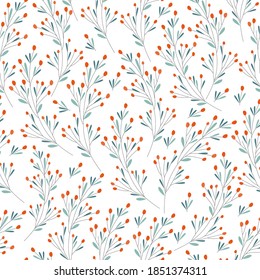 seamless pattern of sea buckthorn branches on a white background. For printing textiles, wallpaper, wrapping paper. Original Christmas print. Vector illustration.