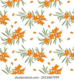 Seamless pattern, sea buckthorn branches and sea buckthorn berries on a white background. Print, background, vector