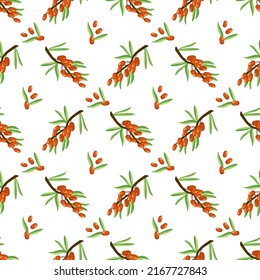Seamless pattern with sea buckthorn on white background. Print of useful small orange berries on branch with leaf, summer or autumn harvest in garden. Vector flat illustration