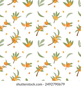 Seamless pattern with sea buckthorn on a white background. Pattern with berries and leaves. Colorful fresh berries for wallpaper, fabric, wrapping paper.