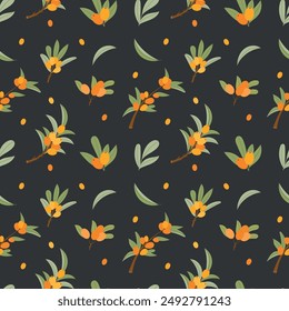 Seamless pattern with sea buckthorn on a black background. Pattern with berries and leaves. Colorful fresh berries for wallpaper, fabric, wrapping paper.