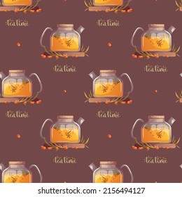 Seamless pattern with sea buckthorn tea in teapots. Perfect for product design, scrapbooking, textile, wrapping.