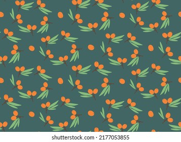 Seamless pattern with sea buckthorn. Texture with berries in flat style.