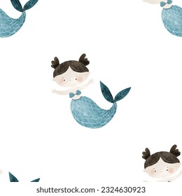 seamless pattern with Sea cartoon mermaids. Mermaid character, fish and underwater life. Cartoon girl with mermaids tail, underwater fishes. Summer pattern, nursery design and print