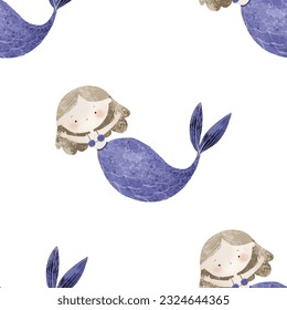 seamless pattern with Sea cartoon mermaids. Mermaid character, fish and underwater life. Cartoon girl with mermaids tail, underwater fishes. Summer pattern, nursery design and print