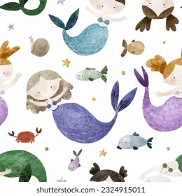 seamless pattern with Sea cartoon mermaids. Mermaid character, fish and underwater life. Cartoon girl with mermaids tail, underwater fishes. Summer pattern, nursery design and print