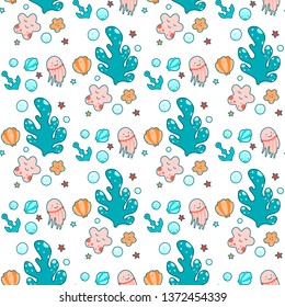 Seamless pattern with sea characters and plants, in Japanese style