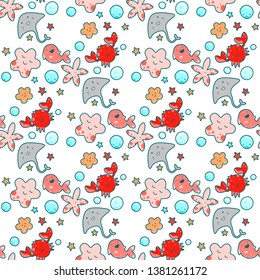 Seamless pattern with sea characters and plants, in Japanese style