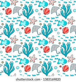 Seamless pattern with sea characters and plants, in Japanese style