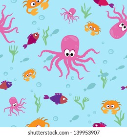 Seamless pattern of sea crabs, fish and octopus. Vector illustration.