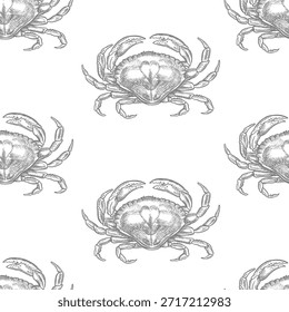 Patrón sin fisuras de cangrejos de mar. Ilustración vectorial dibujada a mano. Imagen de mariscos en escala de grises. Separado del fondo. Perfecto para embalaje, etiquetas, textiles, papel de embalaje y más.