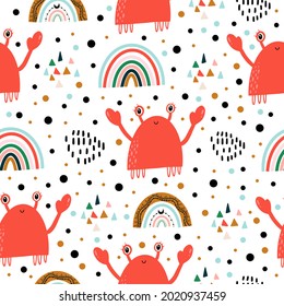 Seamless pattern with sea crabs and rainbows. Doodle style. A marine animal. Design of fabrics, clothing, notebooks, notebooks, albums, wallpapers with red crabs.