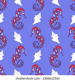 seamless pattern with sea creature seahorse and conch shells on blue background