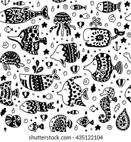 Seamless pattern with sea creatures. Can be used for textile, website background, book cover, packaging.
