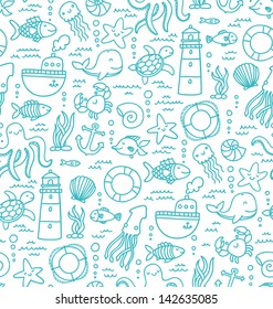 Seamless pattern with sea creatures doodles and nautical stuff