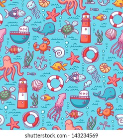 Seamless pattern with sea creatures doodles and nautical stuff