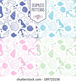 Seamless pattern with sea creatures doodles and nautical stuff. Marine life set.