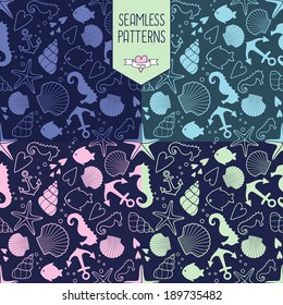 Seamless pattern with sea creatures doodles and nautical stuff. Marine life set