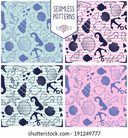 Seamless pattern with sea creatures doodles and nautical stuff. Marine life set. Baby shower polka dots and stripes backgrounds.