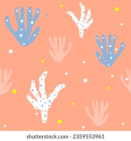 Seamless pattern with sea creatures. Endless underwater life background. Fish, sea shell, corals, starfish. Ocean wallpaper, wall art, fabric print. Summer vacation. Coral reef vector illustration.