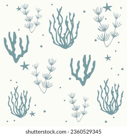 Seamless pattern with sea creatures. Endless underwater life background. Fish, sea shell, corals, starfish. Ocean wallpaper, wall art, fabric print. Summer vacation. Coral reef vector illustration.