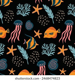 Seamless pattern with sea creatures. Endless underwater life background. Fish, sea shell, corals, starfish. Ocean wallpaper, wall art, fabric print. Summer vacation. Coral reef vector illustration.