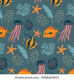 Nahtloses Muster mit Meerestieren. Endloser Unterwasser-Lebenshintergrund. Fisch, Muscheln, Korallen, Seesterne. Ocean Bildschirmhintergrund, Wandkunst, Stoffdruck. Sommerurlaub. In: Coral Reef Vektorillustration.