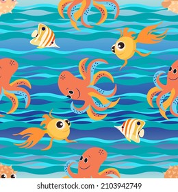 Seamless pattern of sea creatures, fish, algae and sea stones and shells on a bright, beautiful, abstract sea background, vector illustration