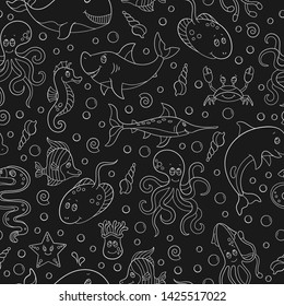 Seamless pattern with sea creatures, funny contour cartoon animals , light outline on dark background