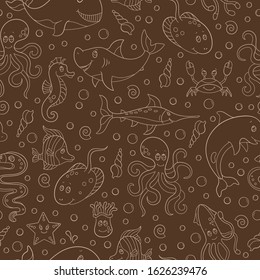 Seamless pattern with sea creatures, funny contour cartoon animals ,beige outline on a brown background