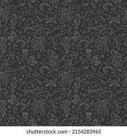 Seamless pattern with sea creatures, funny contour cartoon animals , light outline on dark background