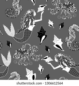 seamless pattern with sea creatures mermaid, octopus, seahorse on gray background