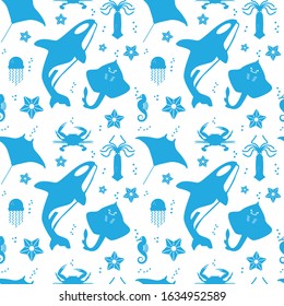 Seamless pattern with sea creatures on white background (with orca, sea horse, manta ray, stingray, crab, seastar and squid). Can use in cloth and packaging design
