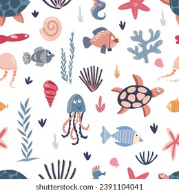 Seamless pattern of sea creatures, seaweed and corals, vector illustration in flat style, cartoon textile ornament