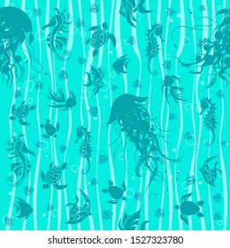 Seamless pattern. Sea creatures shapes with waves and boobles on blue background. Vector illustration.