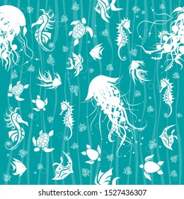 Seamless pattern. Sea creatures shapes with waves and bobbles on blue background. Vector illustration.