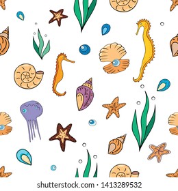 Seamless pattern with sea creatures, shells and algae