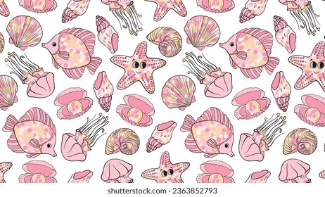 Seamless pattern with sea creatures in sparkles.Vector illustration