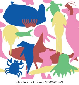 Seamless pattern of sea creatures. Whale, anemone, turtle, shrimp, hammerhead shark, horseshoe crab, fish, jellyfish, squid, great white shark, dolphin, crab, seahorse, octopus, eel and a starfish.