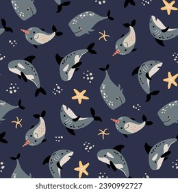 Seamless pattern with sea creatures. Whales, sharks, sperm whales, narwhals.