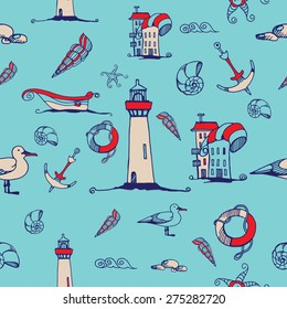 seamless pattern  sea doodles elements