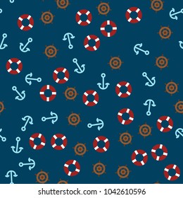 seamless pattern of sea elements: anchor, steering wheel and lifebuoy - flat style