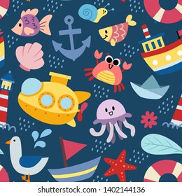 Seamless pattern with sea elements on dark blue background. Crab, fish, boats, submarine, shells, anchor. Hand drawn flat vector for background, wallpaper, textile, fabric.